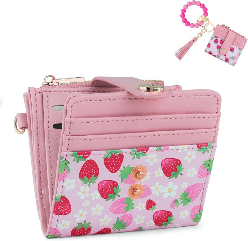 Sunpour Small Wristlet Wallets for Women Keychain Wristlet Wallet RFID Blocking Key Chain Wallet With Zipper Coin Pocket,2 Id Window (Strawberry) - Image 1